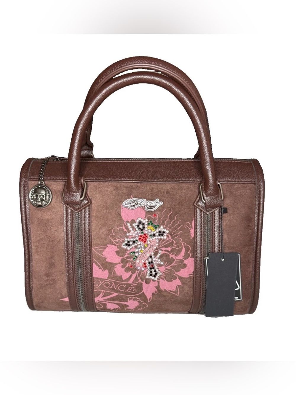 Ed Hardy Women’s suede Satchel Top Handle Zip Floral Rhinestone Brown Pink NWT
